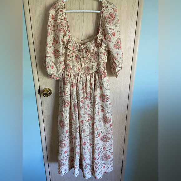 Free People Printed Oasis Shirred Smocked Square Neck Midi Dress Large - Picture 4 of 16